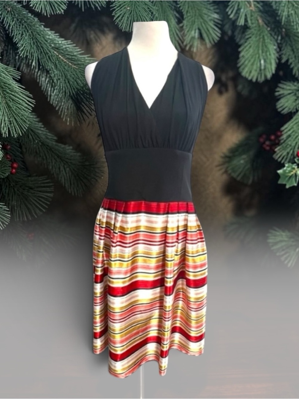 EVAN PICONE VTG Black Red Candy Stripe silky Halter Dress 8